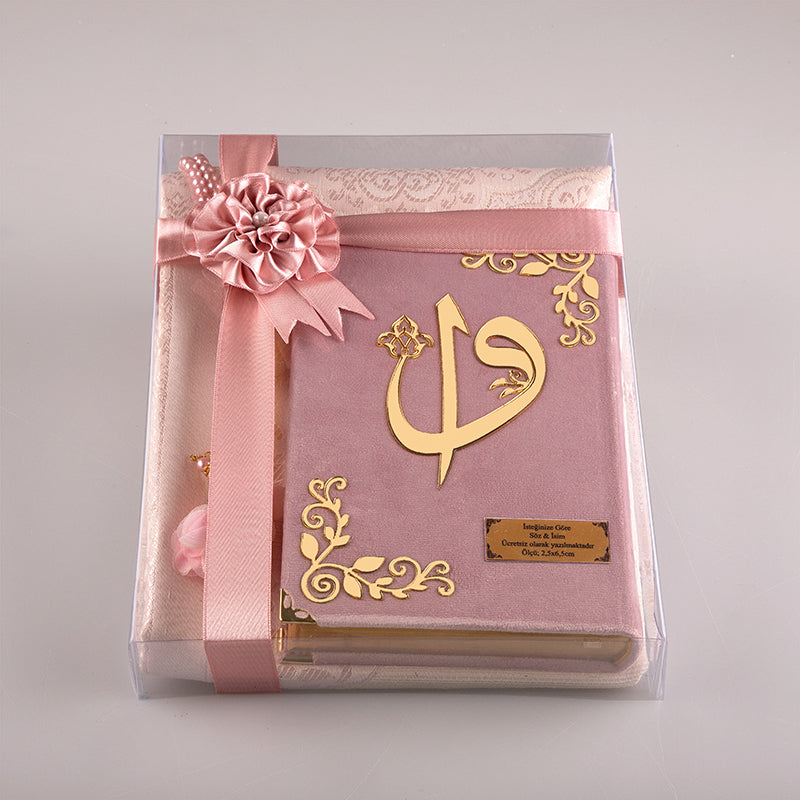 Asetat Kutulu Pudra Pembe Kadife Kuran-ı Kerim Seti