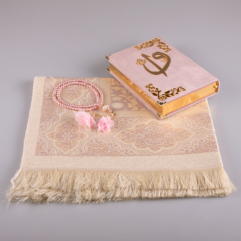 Asetat Kutulu Pudra Pembe Kadife Kuran-ı Kerim Seti