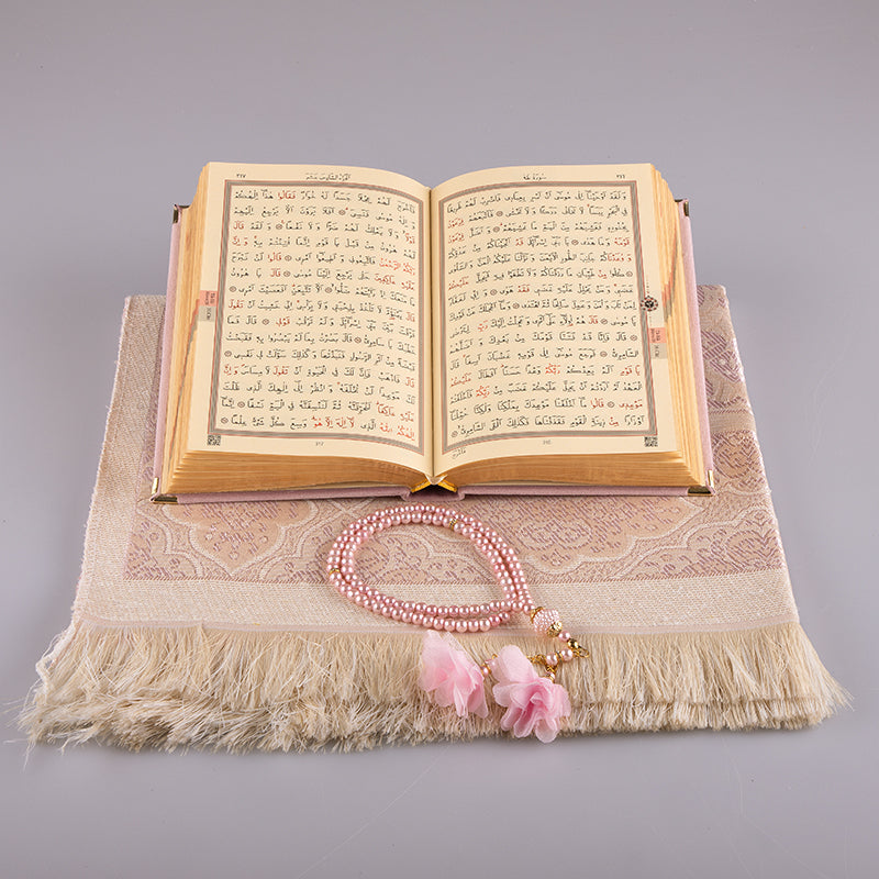 Asetat Kutulu Pudra Pembe Kadife Kuran-ı Kerim Seti