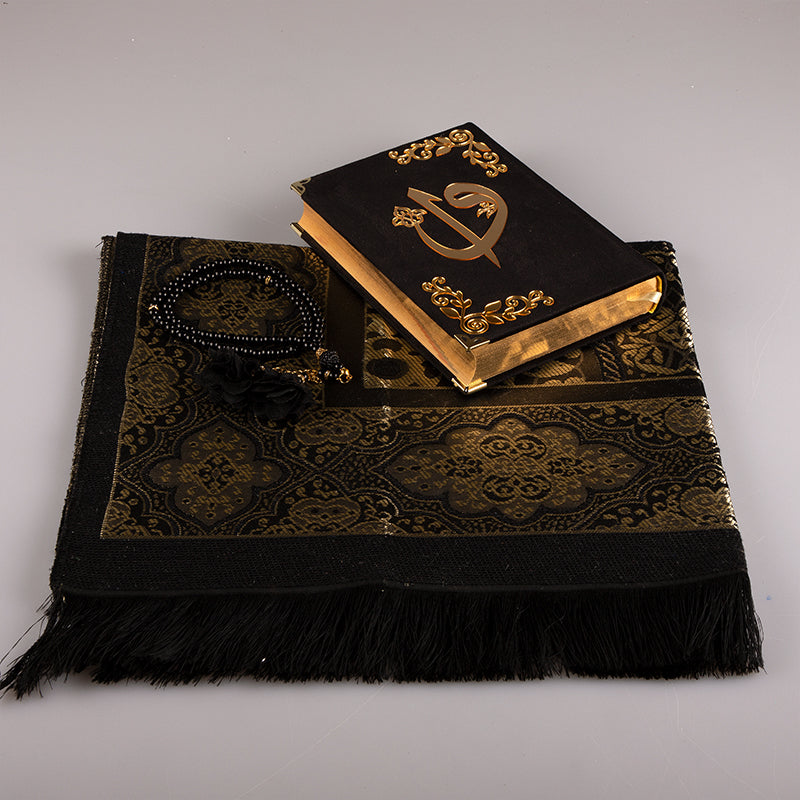 Asetat Kutulu Siyah Kadife Kuran-ı Kerim Seti