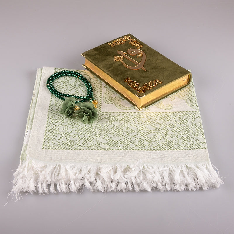 Asetat Kutulu Yeşil Kadife Kuran-ı Kerim Seti