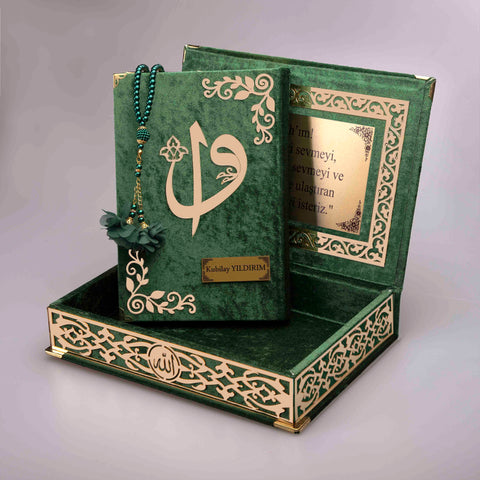 Kadife Kutulu Yeşil Gold Süsleme Kur'an-ı Kerim