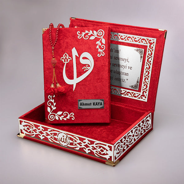 Kadife Kutulu Kırmızı Gümüş Süsleme Kur'an-ı Kerim