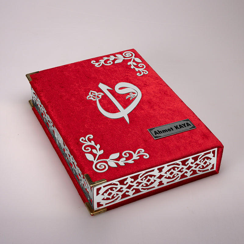 Kadife Kutulu Kırmızı Gümüş Süsleme Kur'an-ı Kerim