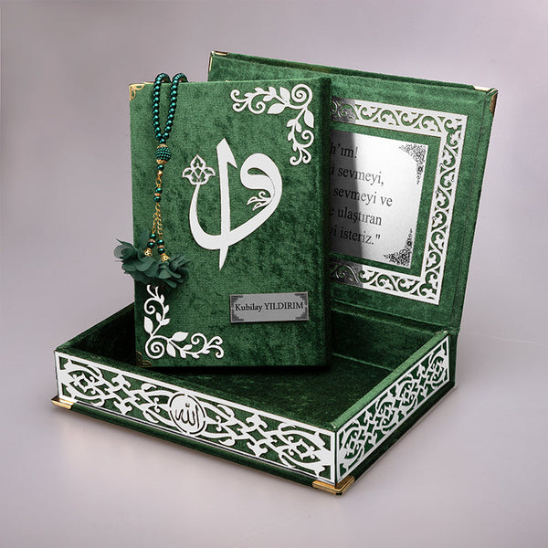 Kadife Kutulu Yeşil Gümüş Süsleme Kur'an-ı Kerim